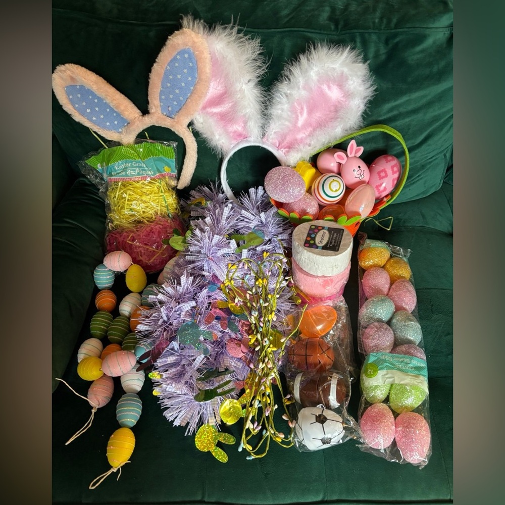 Lot of Easter Decor, Easter Eggs, and Easter Bunny Headbands